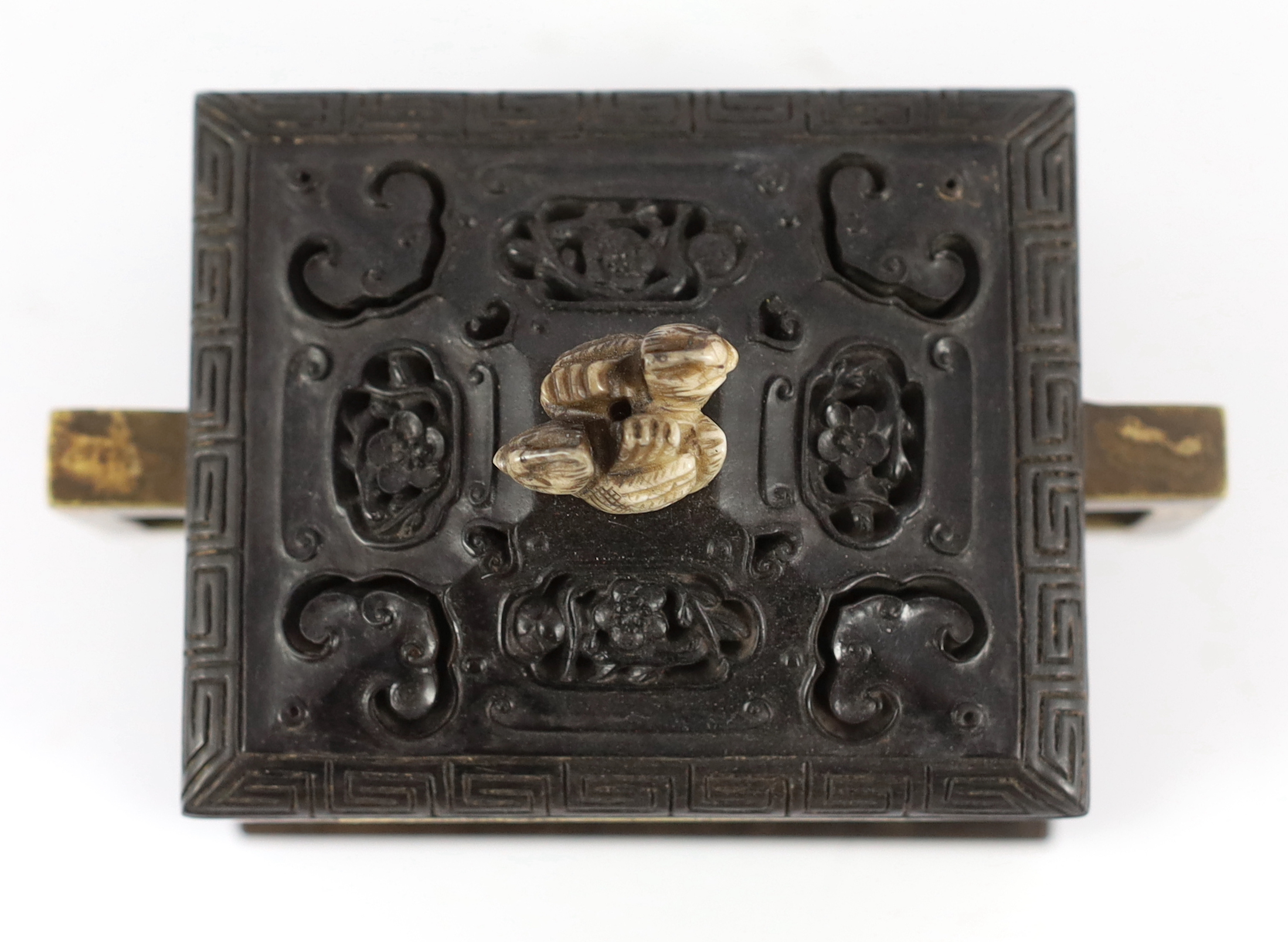 A Chinese gold splashed bronze censer, fangding, wood cover and stand